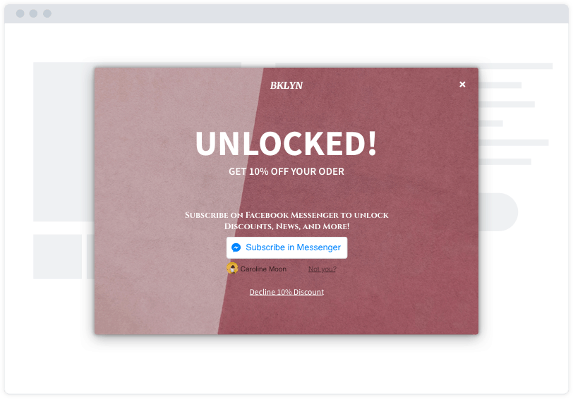 A pink Facebook Messenger opt-in capture modal on a minimalist website mockup. The modal says "Unlocked!"