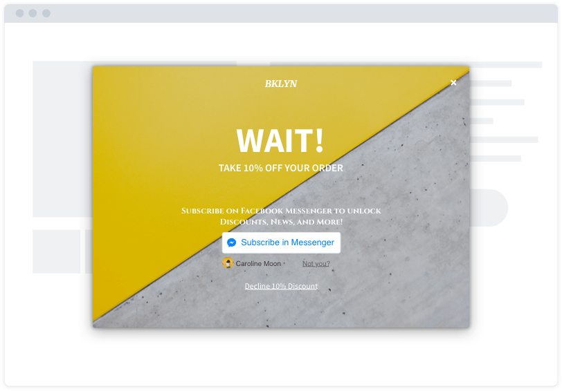 A yellow and grey Facebook Messenger opt-in capture modal on a minimalist website mockup. The modal says "Wait!"