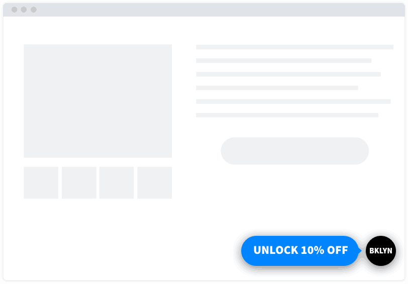 A blue Facebook Messenger opt-in pill on a minimalist website mockup. The pill says "Unlock 10% Off"