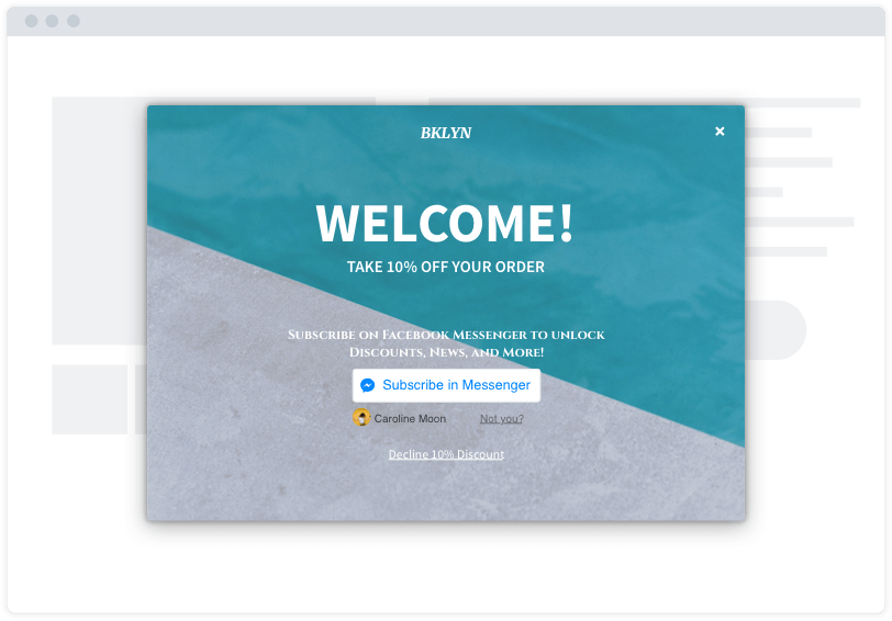 A turquoise and grey Facebook Messenger opt-in capture modal on a minimalist website mockup. The modal says "Welcome!"