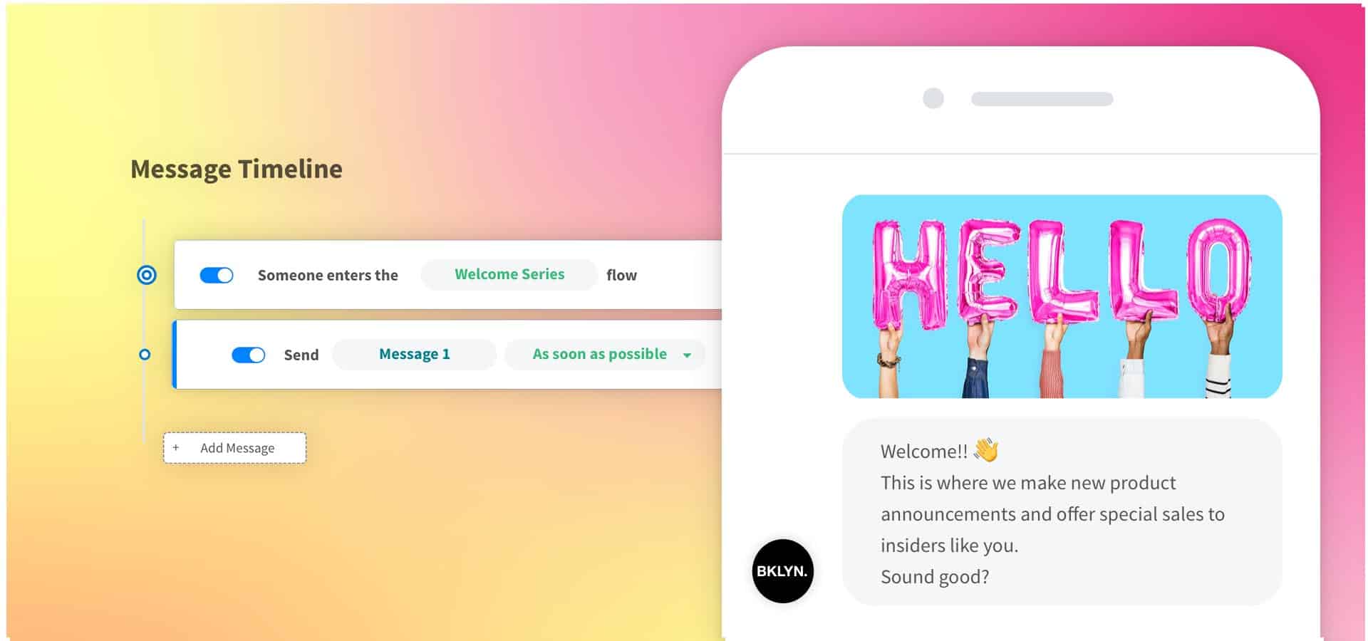 An abstract representation of UI elements from the ShopMessage product that describes the message flow rules and messages. A minimalist cellphone illustration shows a welcome conversation. The first message is a photo of five hands, each holding up a pink balloon letter that collectively spells out the word 
