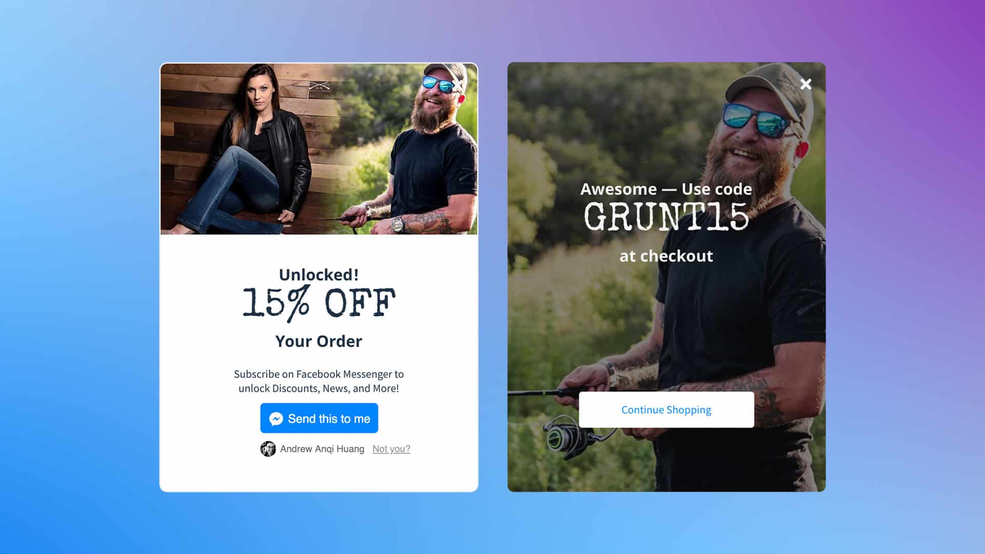 Grunt Style growth plugin overlay offering 15% off. Clicking the blue 