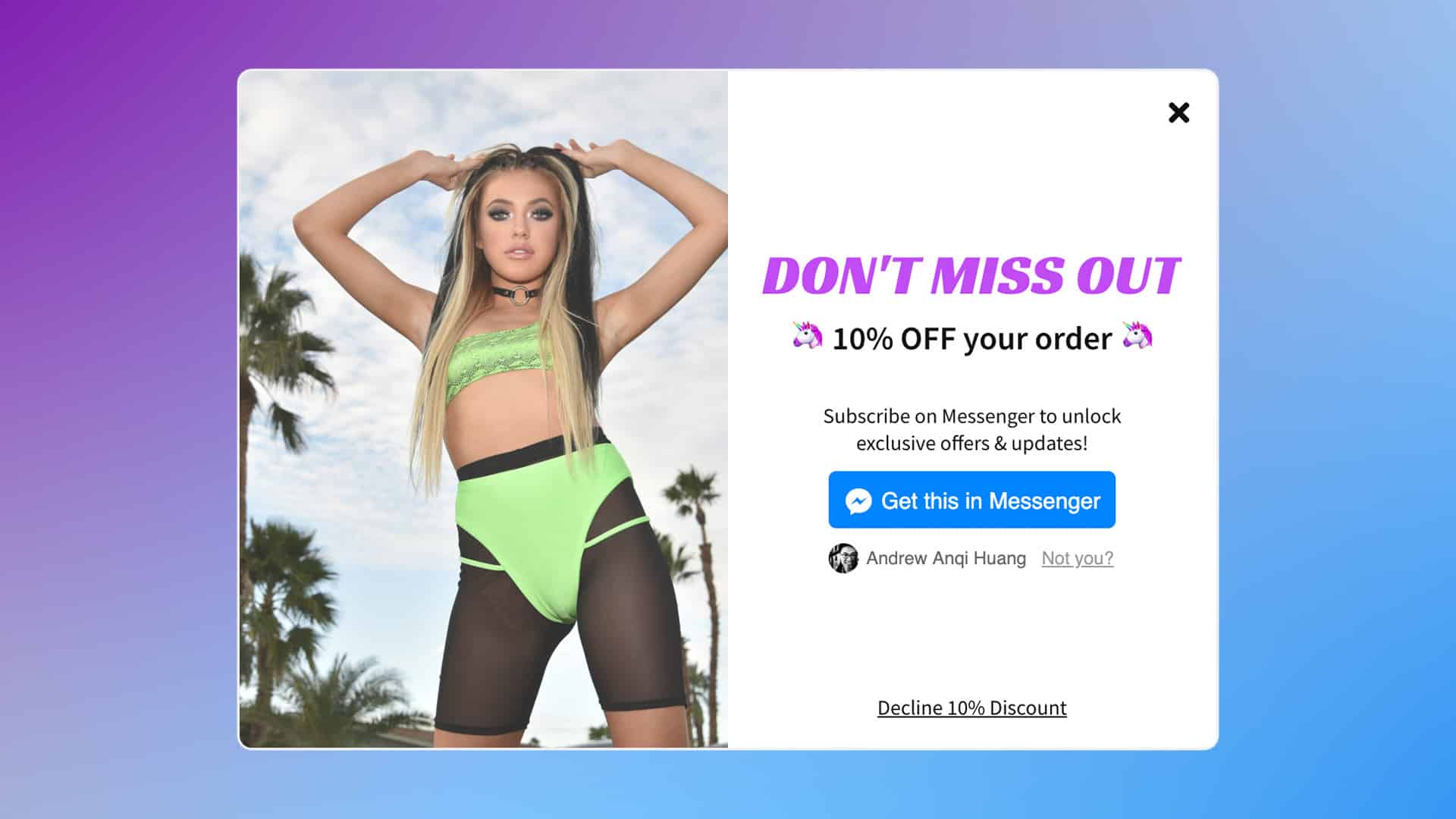 iHeartRaves growth plugin overlay offering 10% off. Cool blue gradient background with a photo of a young woman wearing a neon green two-piece body suit with thigh-length black fishnet stockings on underneath.