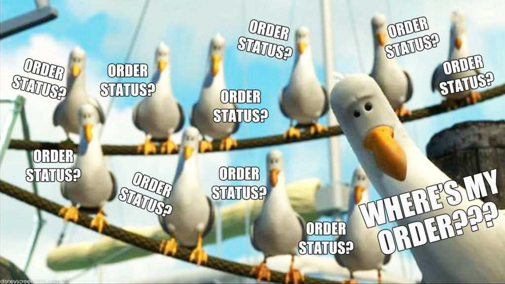 Seagulls meme where all the seagulls are asking about their order status, and the largest one with his head poking out from the corner is saying "Where's my order???"