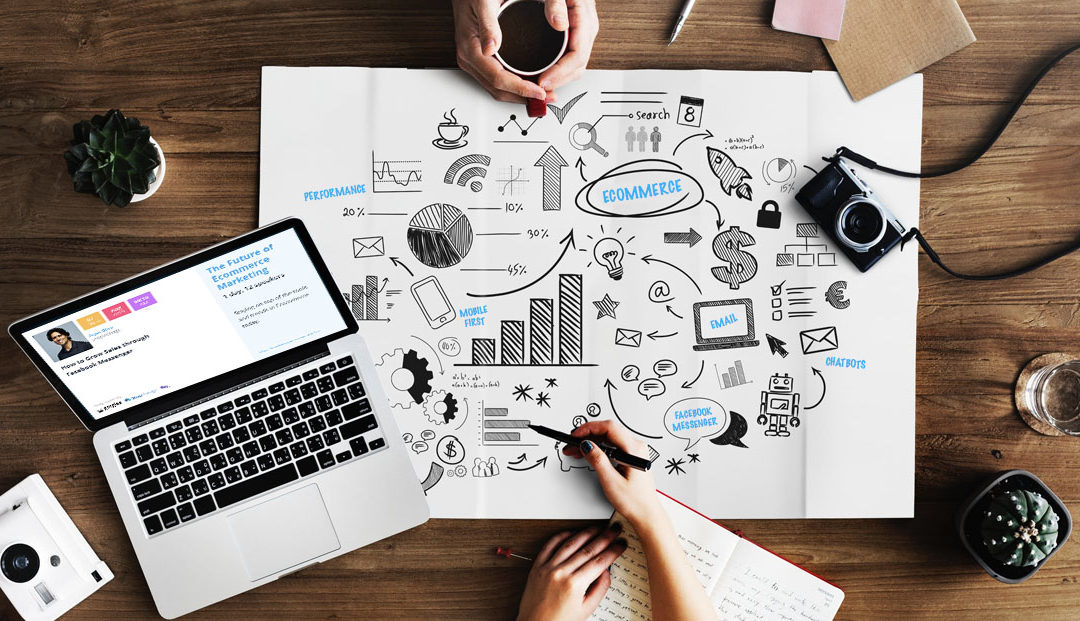 A virtual summit with 12 speakers discussing strategies and tactics to grow revenue. The scene shows an idea brainstorm focused around ecommerce with idea nodes around chatbots, email, and performance marketing. The laptop on the left end of the map shows information about the event.